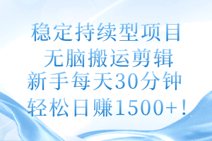 （11094期）稳定持续型项目，无脑搬运剪辑，新手每天30分钟，轻松日赚1500+！