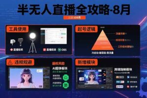 （15669期）半无人直播全攻略-8月：工具使用+起号逻辑+违规规避,新增AI超体与跨境模块